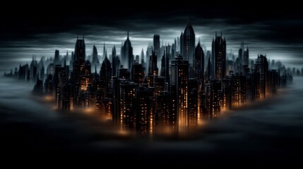 Obraz premium Metropolis in the Mist: Dark Cityscape with Glimmering Lights and Enigmatic Ambiance