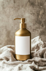 Naklejka premium A gold bottle of care product with a blank label on a wooden table with a linen towel