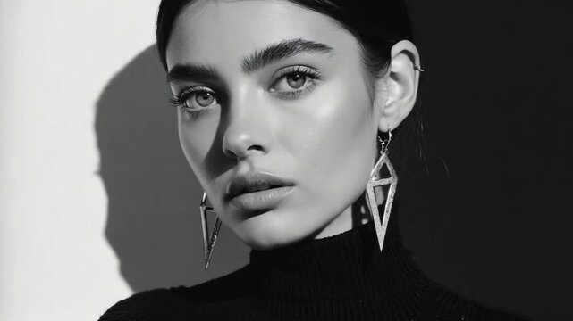 Striking monochrome portrait of a young woman with jewelry and flawless skin against a gradient background.