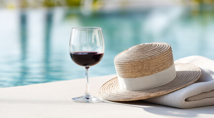 A glass of red wine, soft towel and a straw hat by the blue water pool.