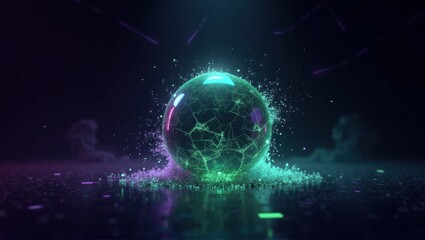 Obraz premium A glowing, cracked sphere surrounded by sparkling particles, set against a dark backdrop with soft neon highlights. A visually striking, dynamic composition. Generative, AI,