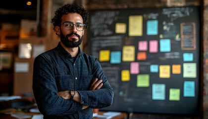 Obraz premium Confident professional man standing in a creative workspace with colorful sticky notes on a wall