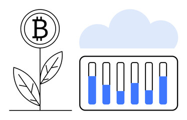 Bitcoin plant growing beside cloud-based data storage with progress bars. Ideal for cryptocurrency, blockchain, fintech, investment, technology growth, decentralized systems, simple landing page