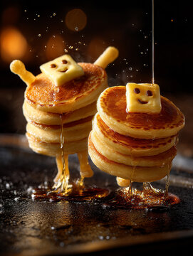 Naklejki Pancake stacks with syrup and butter doing a joyful hop