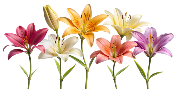 A beautiful display of various colored lilies on a clean transparent background