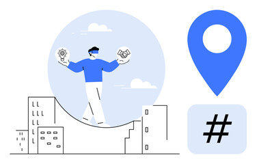 Person balancing ideas and partnerships over city buildings, surrounded by metadata tag and location concepts. Ideal for innovation, networking, strategy, teamwork, digital marketing, branding
