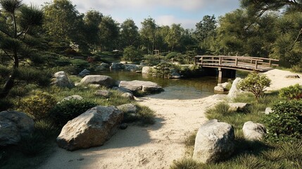 A serene garden featuring a pond, a wooden bridge, lush trees, and smooth rocks, creating a tranquil and picturesque natural landscape.