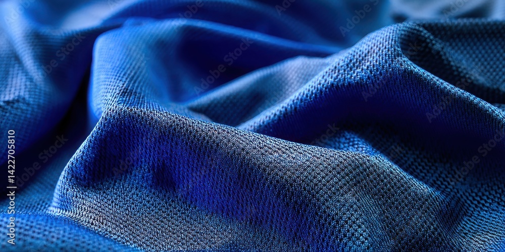 Poster close up shot of textured blue fabric with folds and shadows creating depth and visual interest
