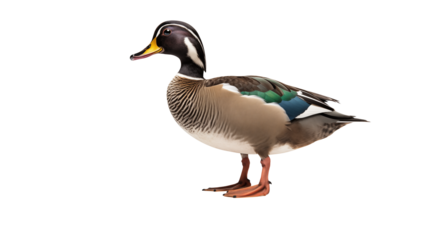 A colorful male mandarin duck standing isolated against black background isolated on transparent background	