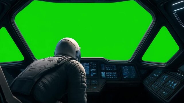 Pilot in Spaceship Cockpit: A lone astronaut sits at the controls of a futuristic spaceship cockpit, gazing out at a vibrant green screen view, ready for interstellar adventure or cinematic effects. 