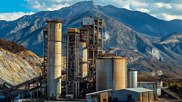 Industrial cement plant surrounded by mountains, showcasing machinery and production in action