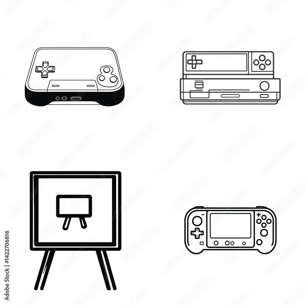 Poster outlined old consoles collection on transparent background arcade machines icons