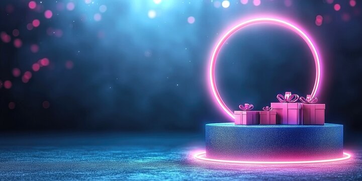 Festive Scene with Pink Gift Boxes on Blue Glitter Platform Under Pink Neon Circle on Blue Bokeh Background