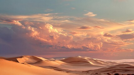 Naklejka premium Sand dunes under a vibrant, colorful sky during sunrise or sunset, creating a peaceful and serene landscape with warm hues.
