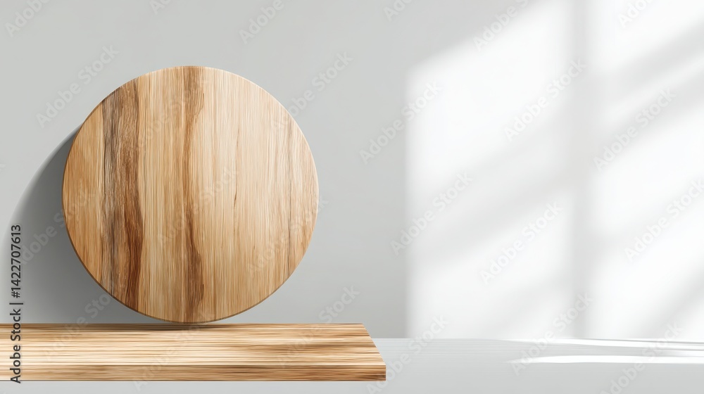 Aufkleber wooden platform with round backdrop against a white wall with window light patterns shining through.