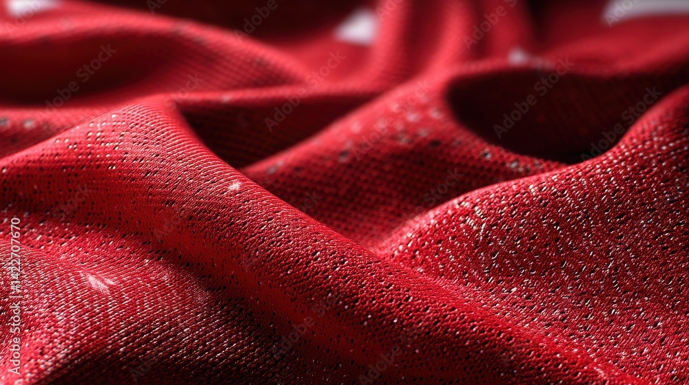 Poster close-up of a textured red fabric with small holes and folds creating a wavy pattern surface view. r