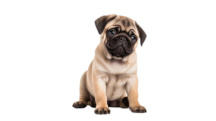 Obraz premium A fawn colored pug puppy sitting upright looking at the camera blankly isolated on transparent background 