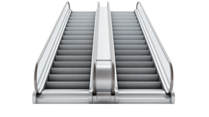 A symmetrical view of two escalators going upwards in a building isolated on transparent background	