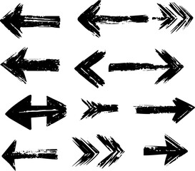 Grunge Brush Arrows Set, Rough Hand-Drawn Direction Vector Icons