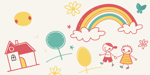 Hand-Drawn Children's Illustration Rainbow, House, and Happy Kids