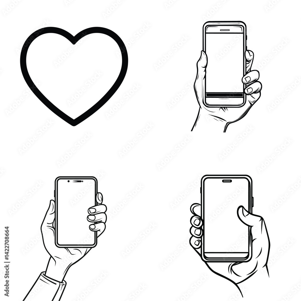 Poster phone holding hand gestures outline design with heart shape on transparent background