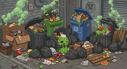 Overflowing Trash Cans and Bags on Urban Street