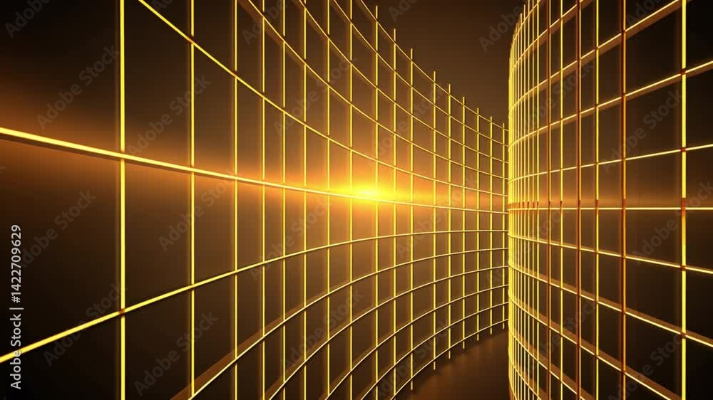 Poster mesmerizing abstract design futuristic yellow grid pattern with curved lines and depth in dark backg