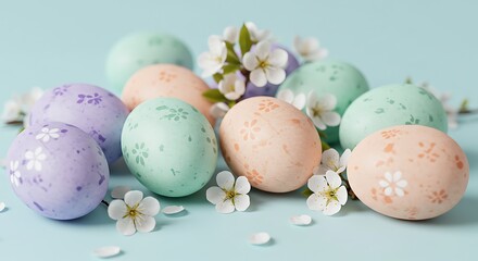 Fototapeta premium Decorated Eggs with Spring Flowers on Pastel Background