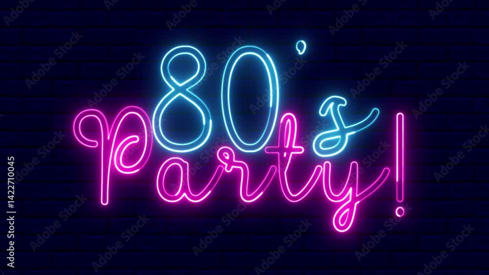 Poster 80s party neon sign. 80s party text font with neon light. luminous and shimmering haze inside the le