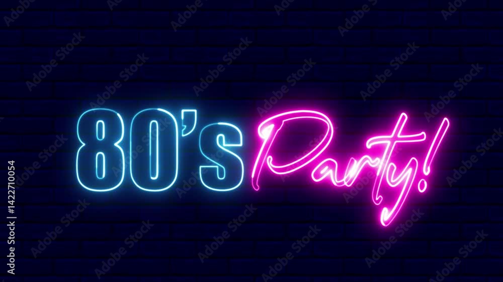 Poster 80s party text font with neon light. luminous and shimmering haze inside the letters of the text 80'