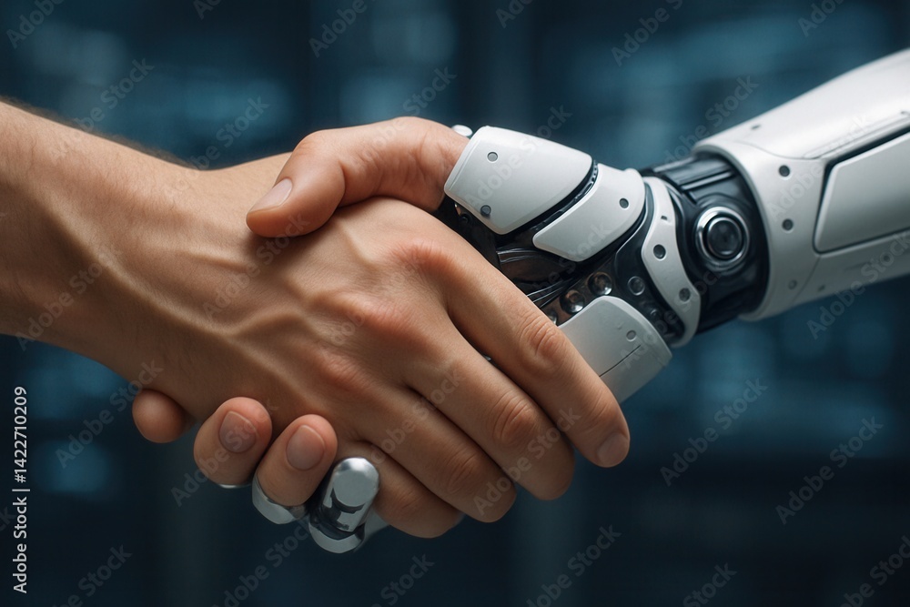Poster engineer shaking hands with robot in server room promoting collaboration between humans and ai