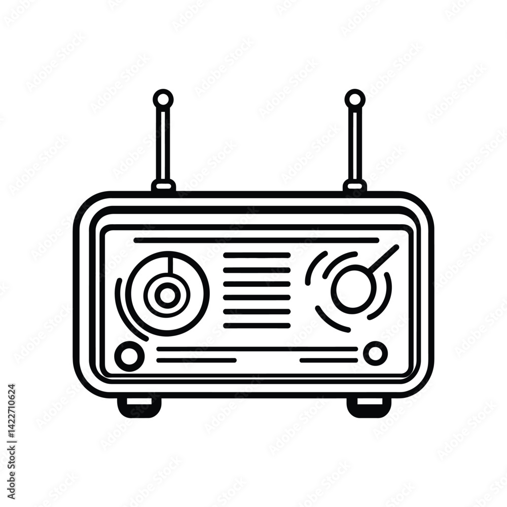 Poster retro style radio icon with antenna and dials on transparent background