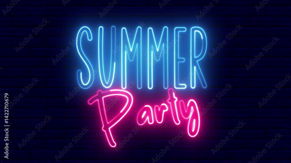 Poster summer party neon sign. summer party text font with light. luminous and shimmering haze inside the l