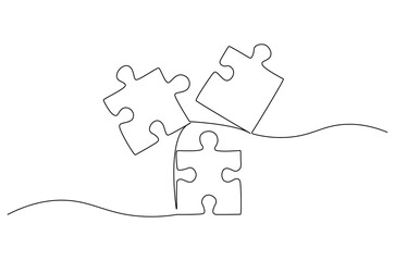 Continuous one line drawing Pieces of jigsaw. Single line drawing illustration of Connected puzzles. Puzzle concept vector art. Doodle line illustration.