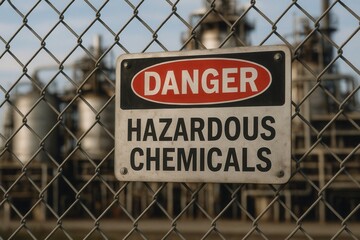 Danger hazardous chemicals sign on fence protecting industrial site