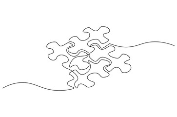 Continuous one line drawing Pieces of jigsaw. Single line drawing illustration of Connected puzzles. Puzzle concept vector art. Doodle line illustration.