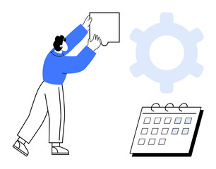 Person placing a task on a board near a calendar and gear. Ideal for planning, organization, productivity, workflow, teamwork, task management, and time management. Flat simple metaphor