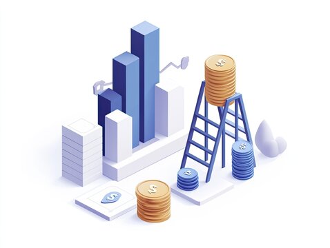 Isometric illustration of financial growth, showing stacks of coins, a ladder, and a bar graph.