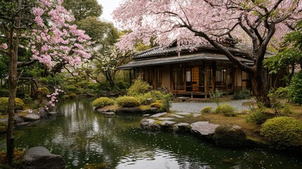 Naklejka premium Serene Japanese garden scene with traditional house, pond, and cherry blossoms creating a peaceful landscape with a sense of tranquility.