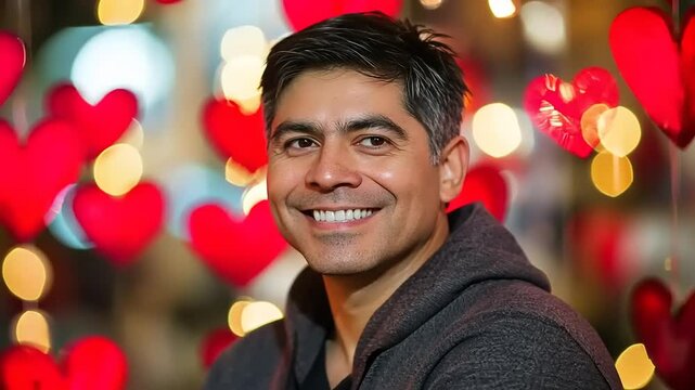 Smiling Man Portrait with Heart Bokeh Background for Valentine's Day Celebration