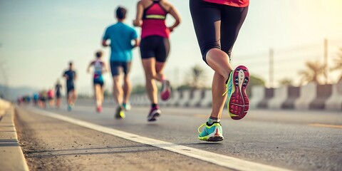Running children, young athletes run in a kids run race,running on city road detail on legs,running in the light of morning