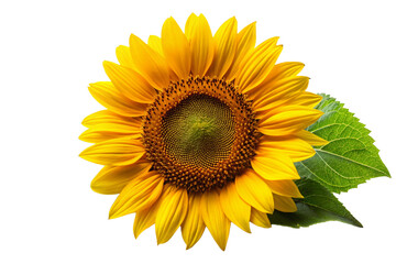 Yellow sunflower with green leaves isolated on transparent background 
