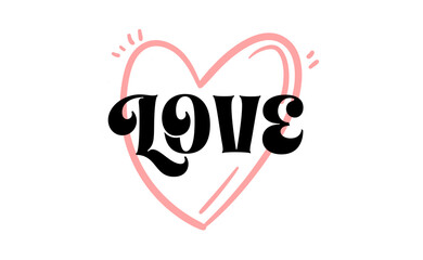 Love word text with doodle linear heart on the background.