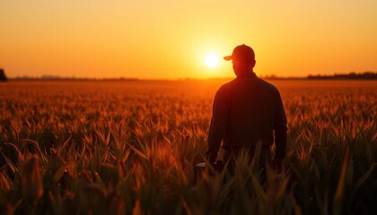 Silhouette of a Farmer in the Field During Sunset: Agriculture Landscape