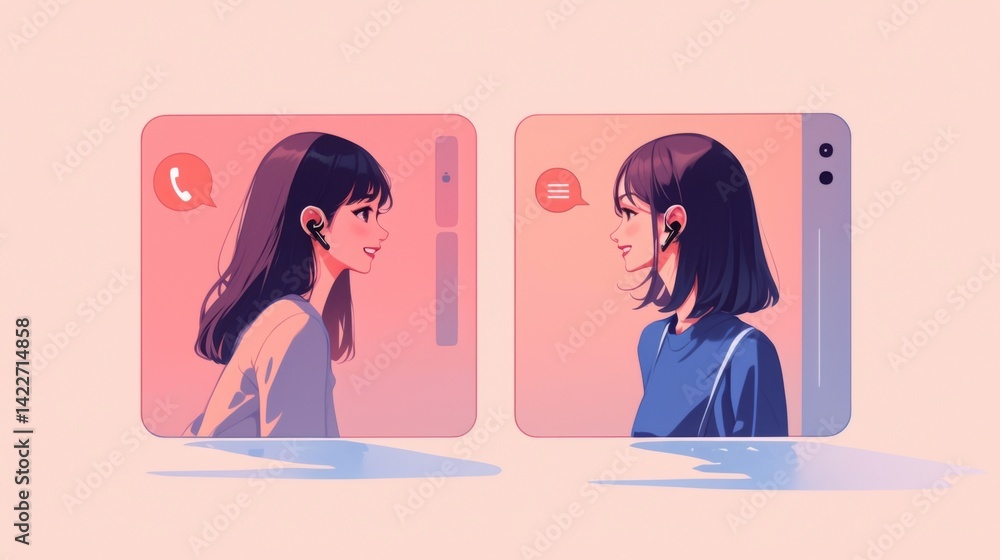 Poster two simple cartoon windows on a screen displaying avatars of two women talking to one another in a v