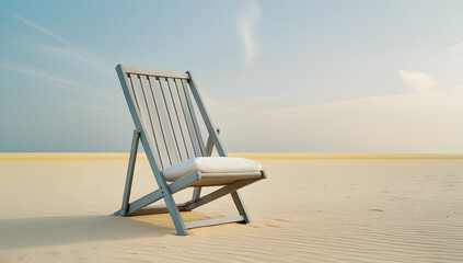 wooden deck chair isolated on vast beach background 