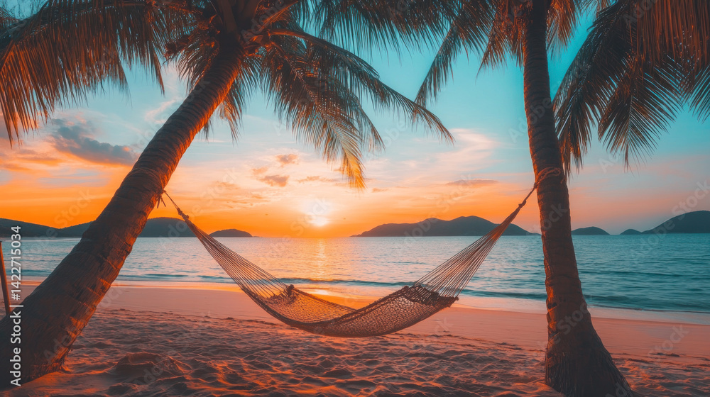 Poster a hammock is hanging between two palm trees on a beach. the sun is setting, creating a warm and rela