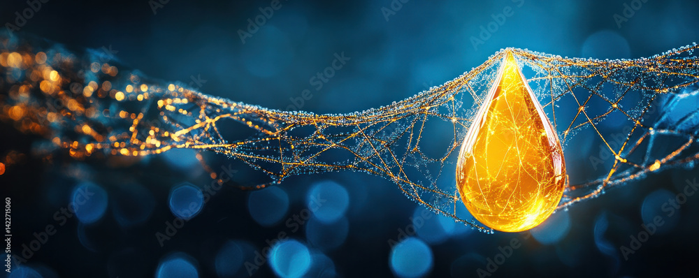 Poster a drop of oil is suspended in a web of strings. the oil is yellow and the strings are blue