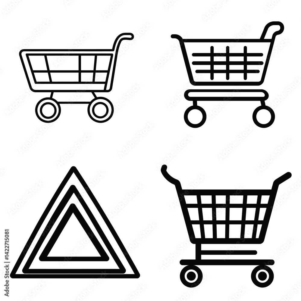 Poster set of line art shopping carts and triangle icons on transparent background