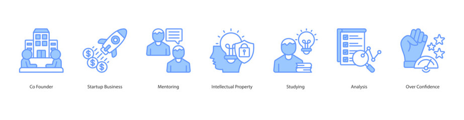 Obraz premium Startup Founder icon sheet vector co founder, startup business, mentoring, intellectual property, studying, analysis, over confidence